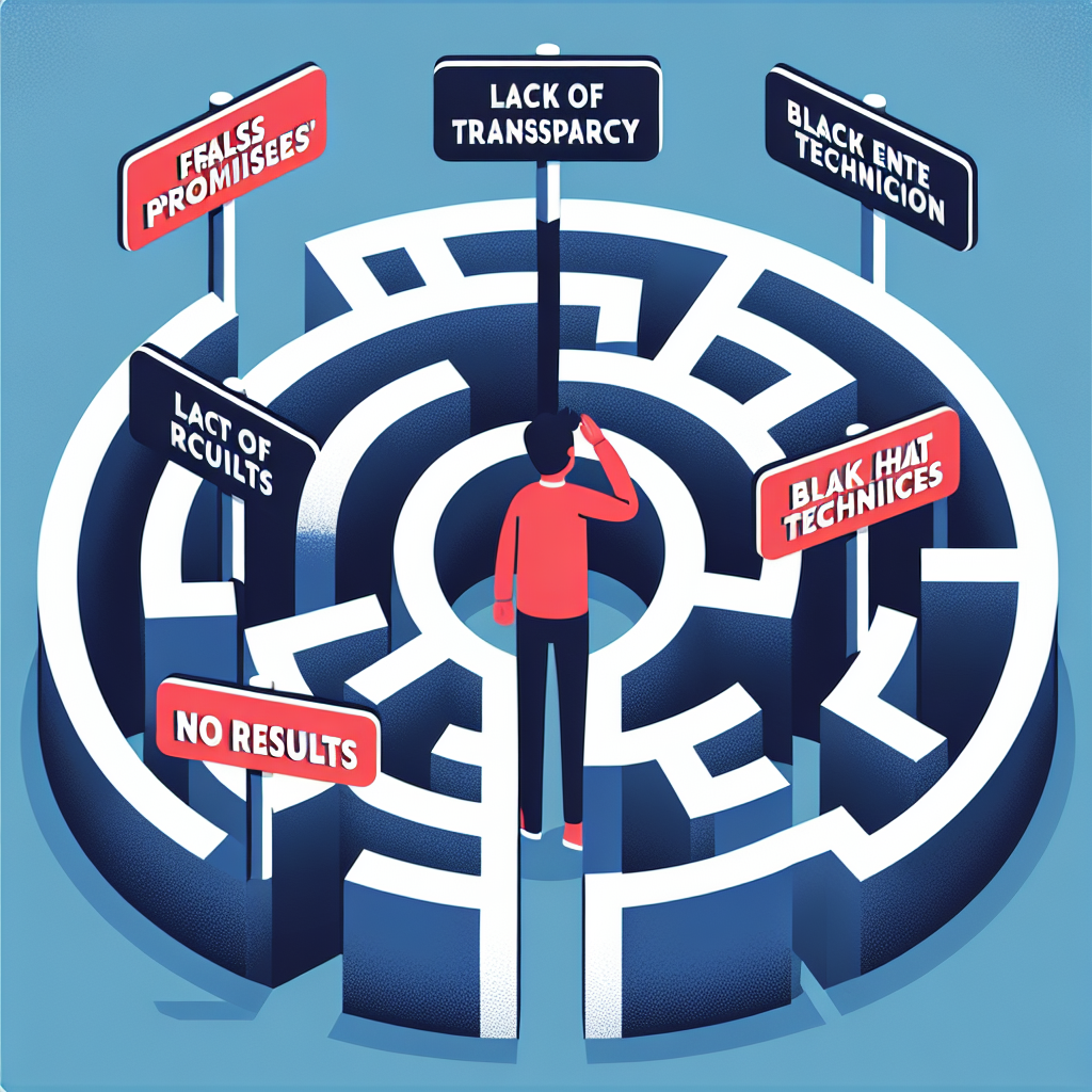 A person navigating through a maze filled with signs representing various SEO pitfalls like 'False Promises', 'Lack of Transparency', 'No Results', 'Black Hat Techniques'.