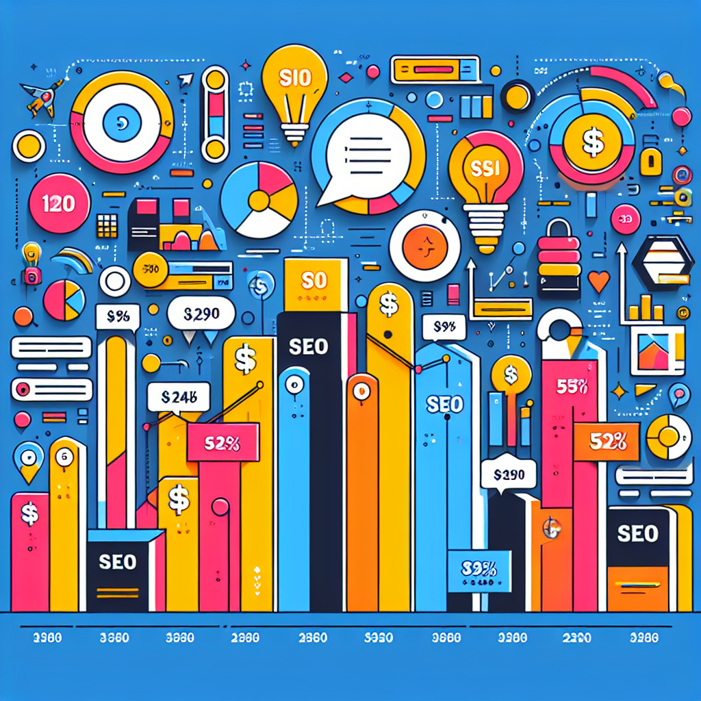A vibrant infographic illustrating SEO pricing trends in Malaysia, showcasing various SEO packages and their costs