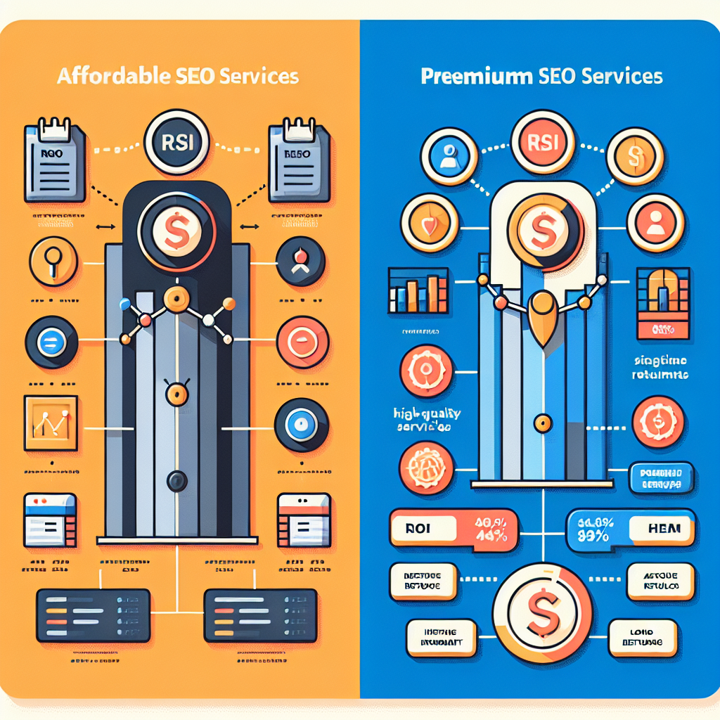 A visual comparison chart showing the differences between affordable and premium SEO services with icons representing ROI, quality service, and long-term results