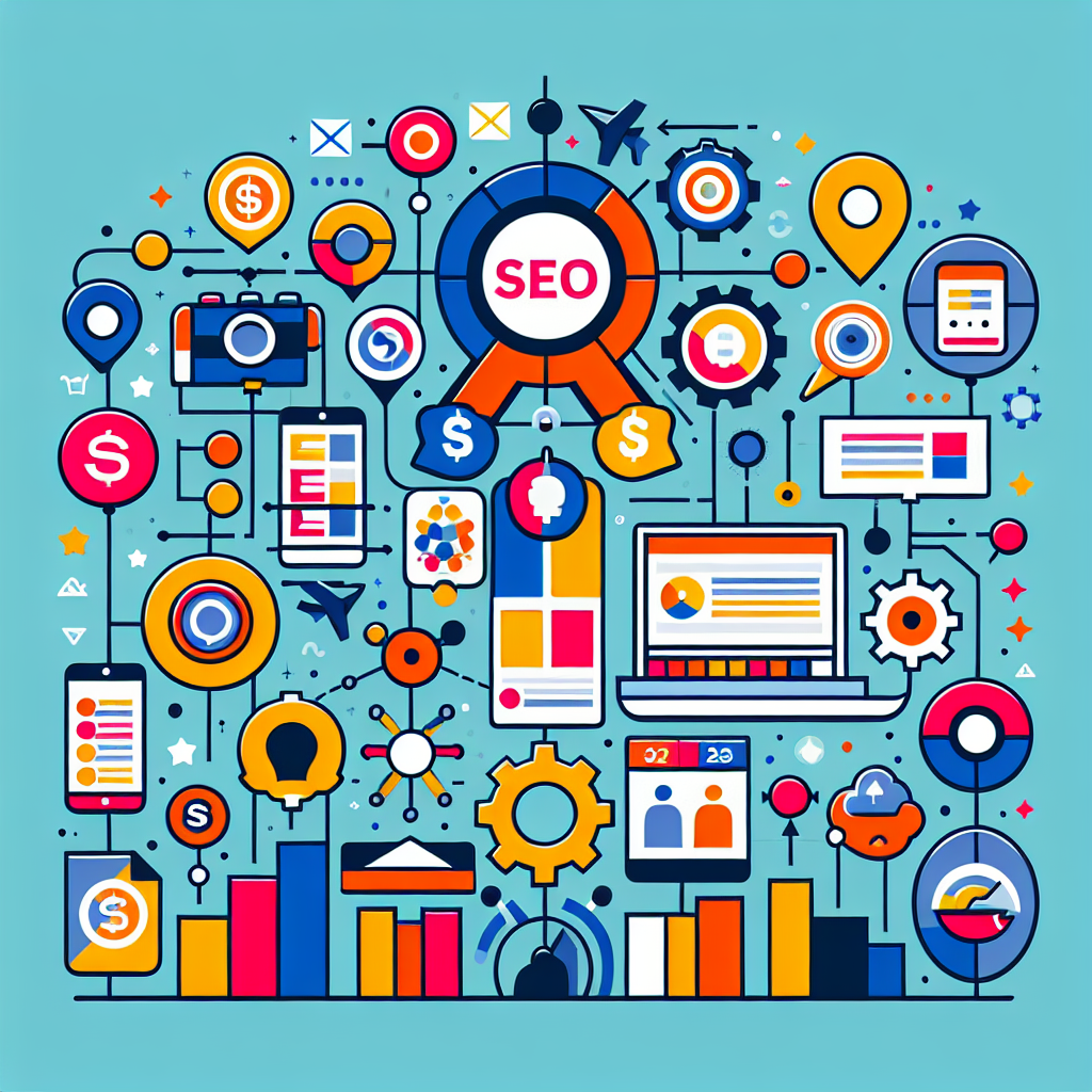 A colorful infographic illustrating SEO pricing trends in Malaysia with icons representing different services and packages