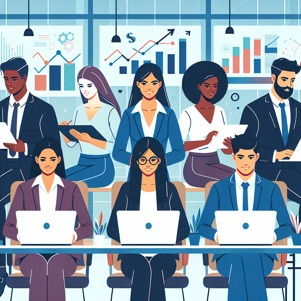 A vibrant illustration depicting a diverse group of professionals working on laptops with charts and graphs showing upward trends in a modern office setting