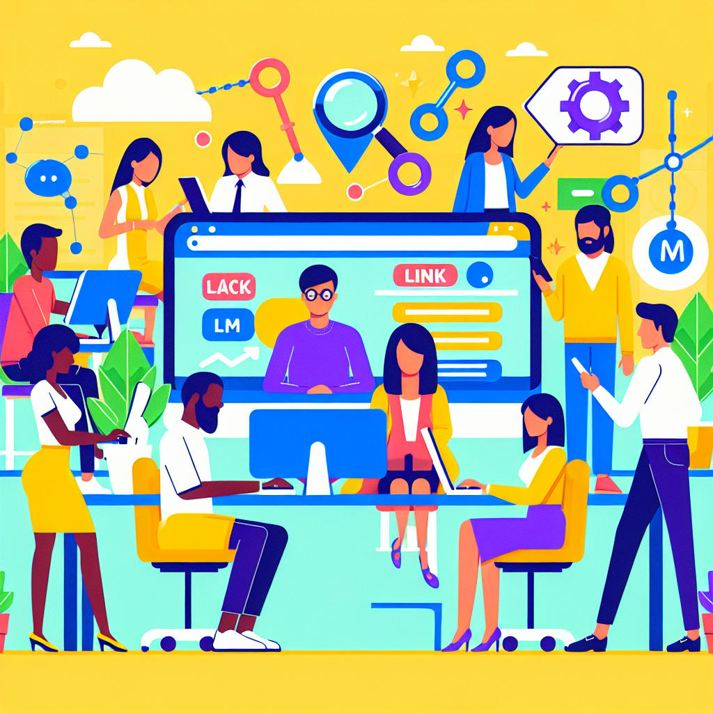 A vibrant illustration depicting various aspects of Search Engine Optimization (SEO) including keyword research, link building, and on-page optimization. The scene should be colorful and engaging, showcasing a diverse group of people collaborating around computers.