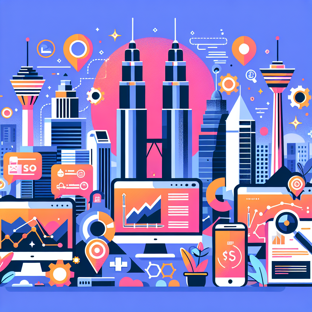 A vibrant illustration depicting various SEO strategies tailored for Malaysian businesses, featuring elements like local landmarks, digital devices, and graphs showing increasing website traffic