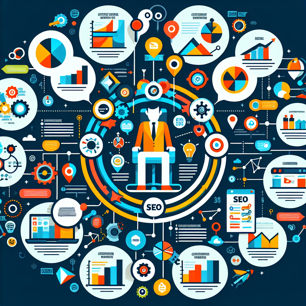 A dynamic infographic illustrating the role of an SEO specialist in enhancing online visibility and search rankings