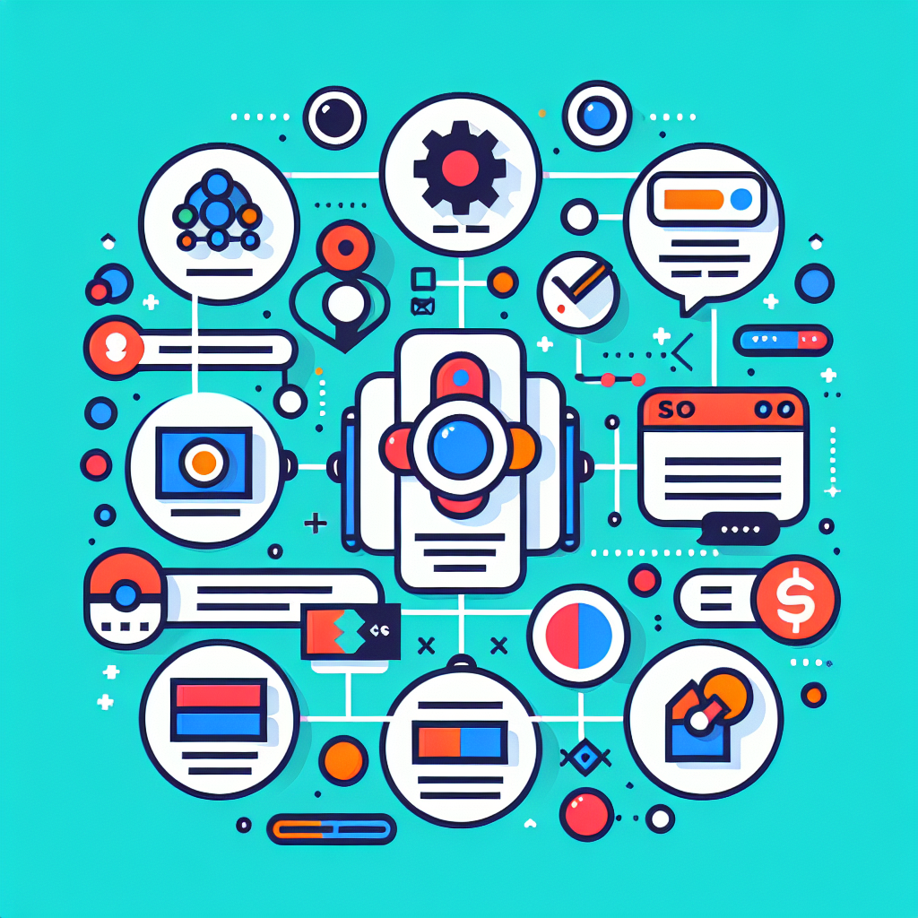 A colorful infographic illustrating common on-page SEO mistakes with icons representing keywords, meta tags, header tags, and internal linking