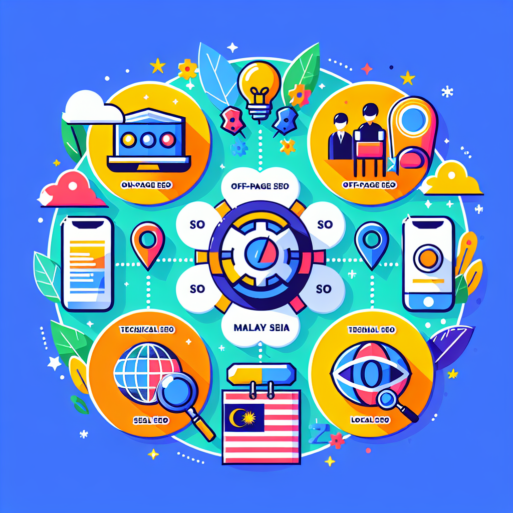 A vibrant infographic showcasing different types of SEO services offered in Malaysia including On-page, Off-page, Technical, Local, and E-commerce SEO.