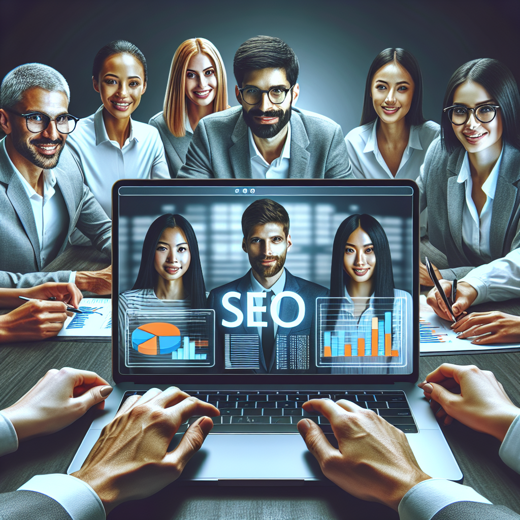 A digital marketing team conducting an SEO audit on a laptop with graphs and charts displayed