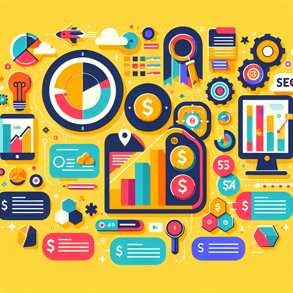 A vibrant infographic illustrating SEO cost breakdowns in Malaysia with icons representing different services