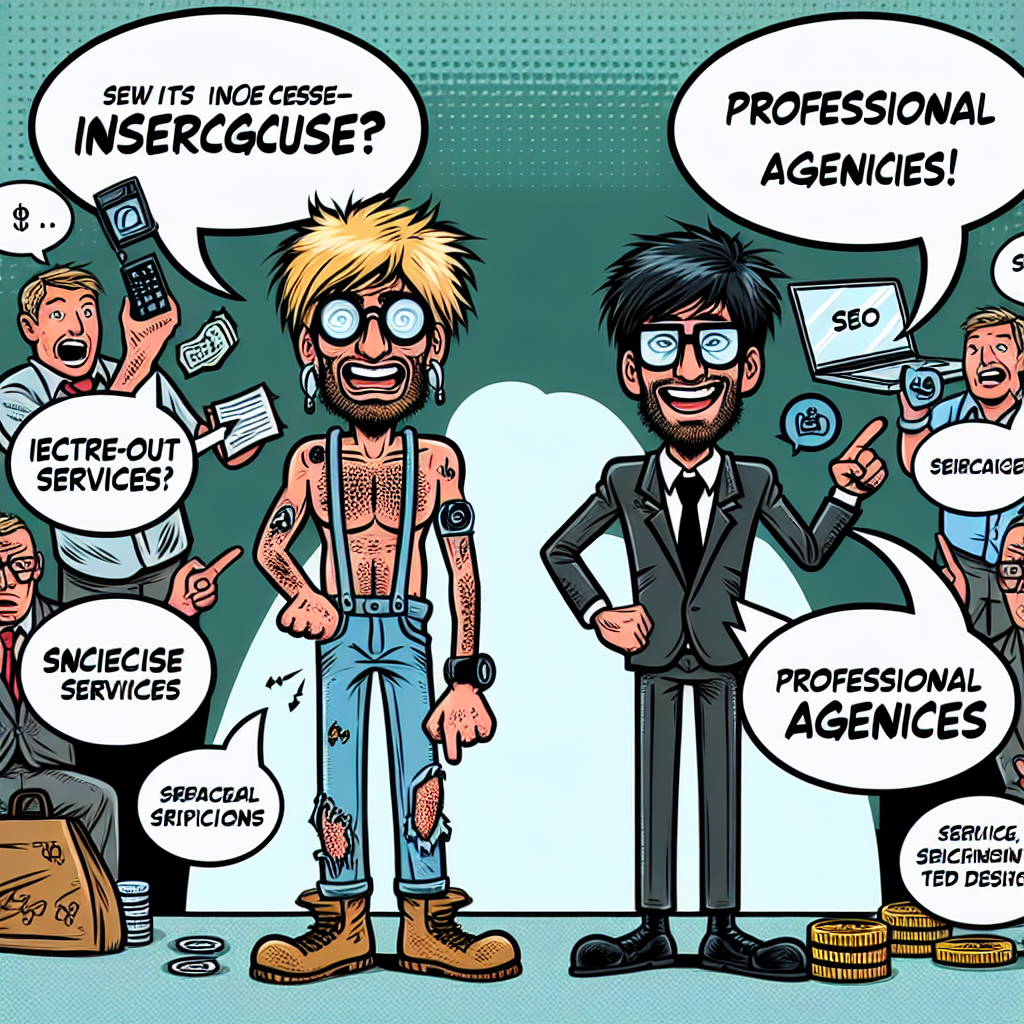 A humorous cartoon depicting common misconceptions about SEO pricing with exaggerated characters representing cheap services versus professional agencies