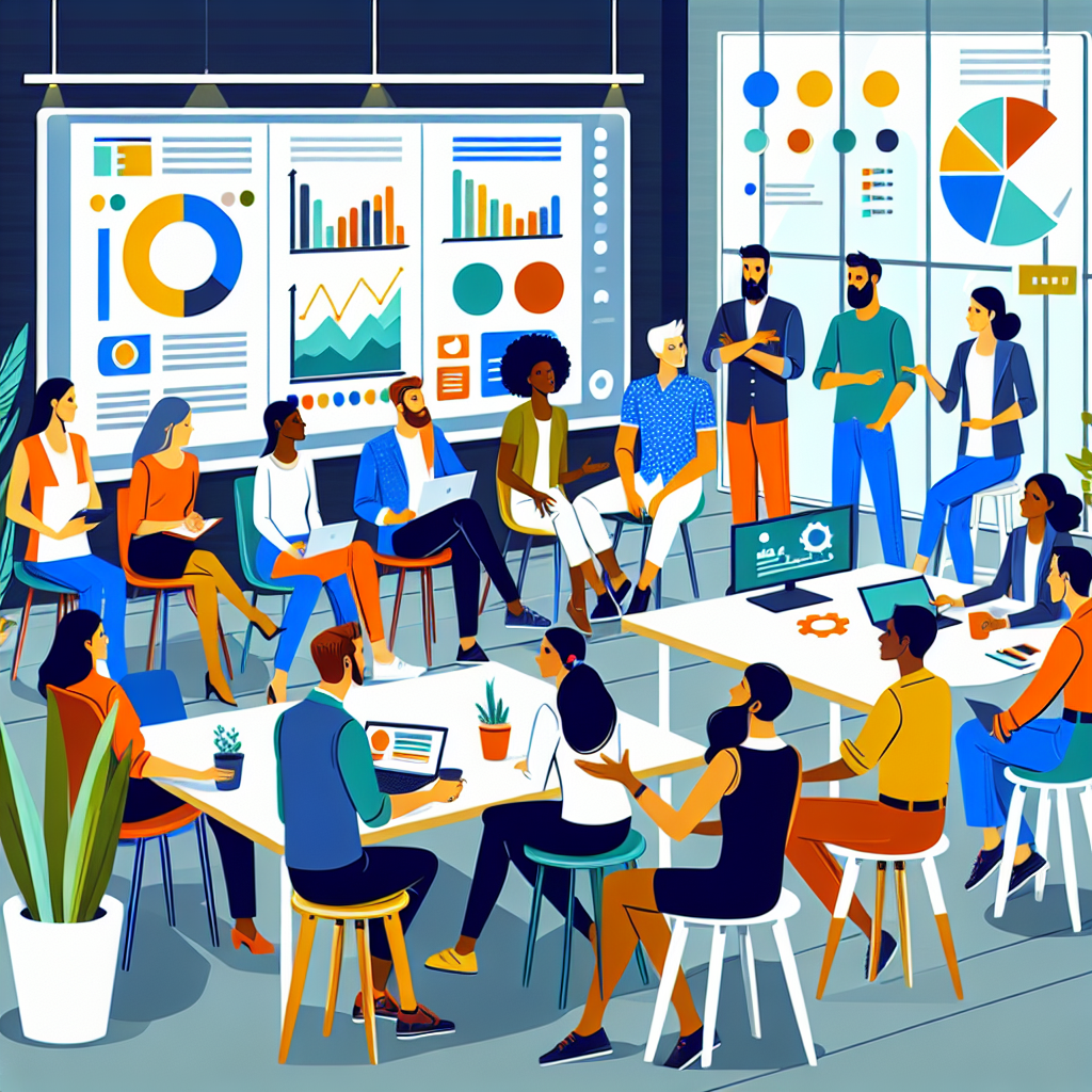 A vibrant illustration of a diverse group of people discussing digital marketing strategies in an office setting, with charts and graphs on screens
