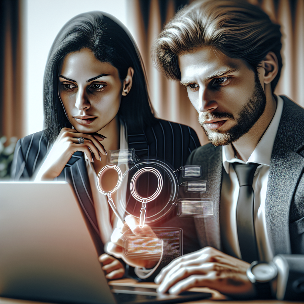 A professional meeting between an SEO consultant and a client discussing strategies over a laptop