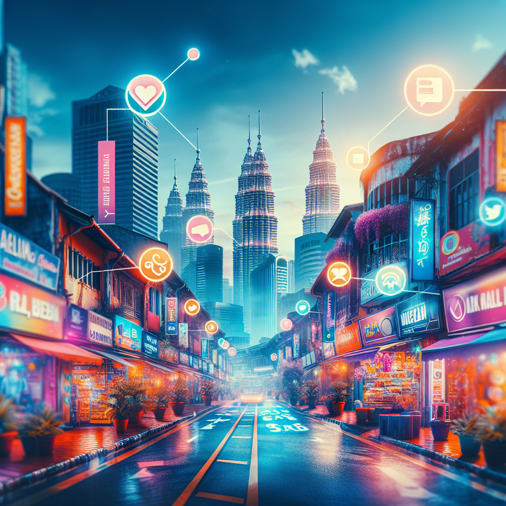 A vibrant street scene in Kuala Lumpur showcasing local businesses with digital marketing elements like social media icons and search bars