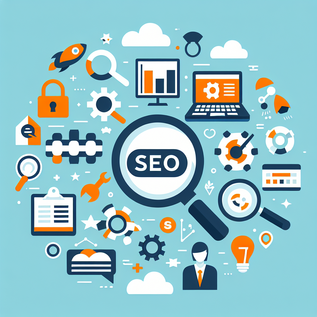 A visual representation of various SEO services like keyword research, content marketing, and technical audits with symbols or icons