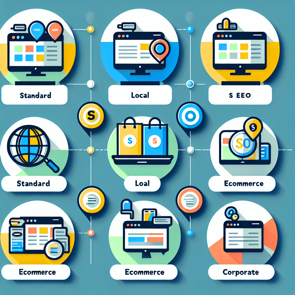 A visual representation of different types of SEO packages available in Malaysia including standard, local, ecommerce and corporate