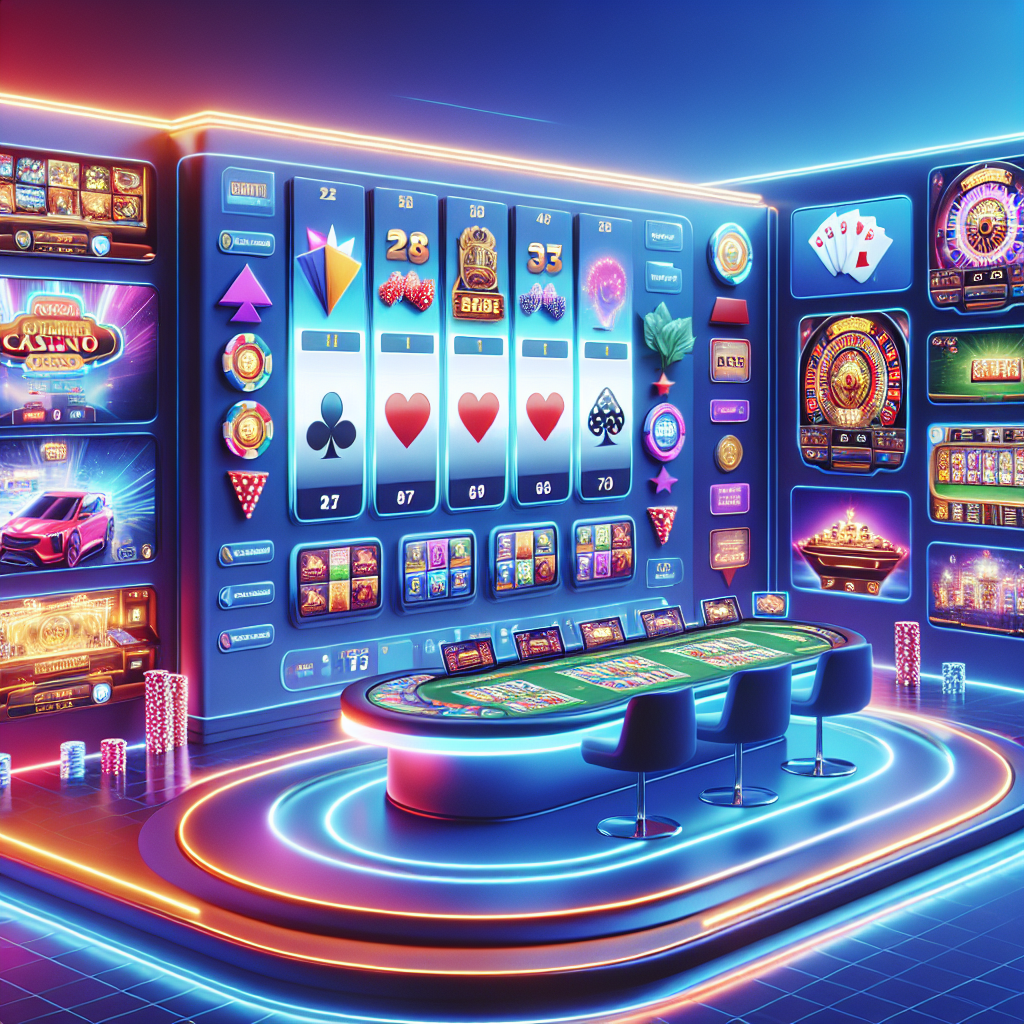 A vibrant illustration of a modern online casino interface showcasing various games like slots and live dealer tables, with a focus on user engagement and excitement