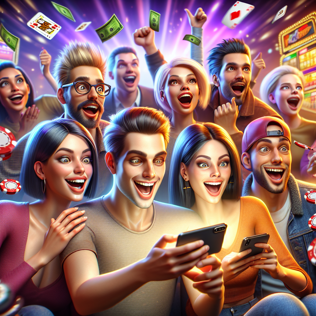A lively representation of young adults engaging with an online casino platform on their mobile devices, highlighting excitement and interaction