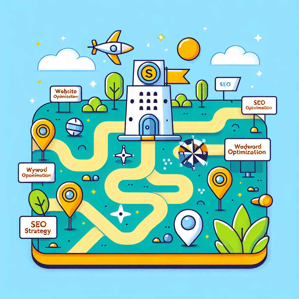A whimsical illustration of a treasure map leading to an SEO agency office, with keywords like 'website optimization', 'keyword optimization', and 'SEO strategies' scattered along the path
