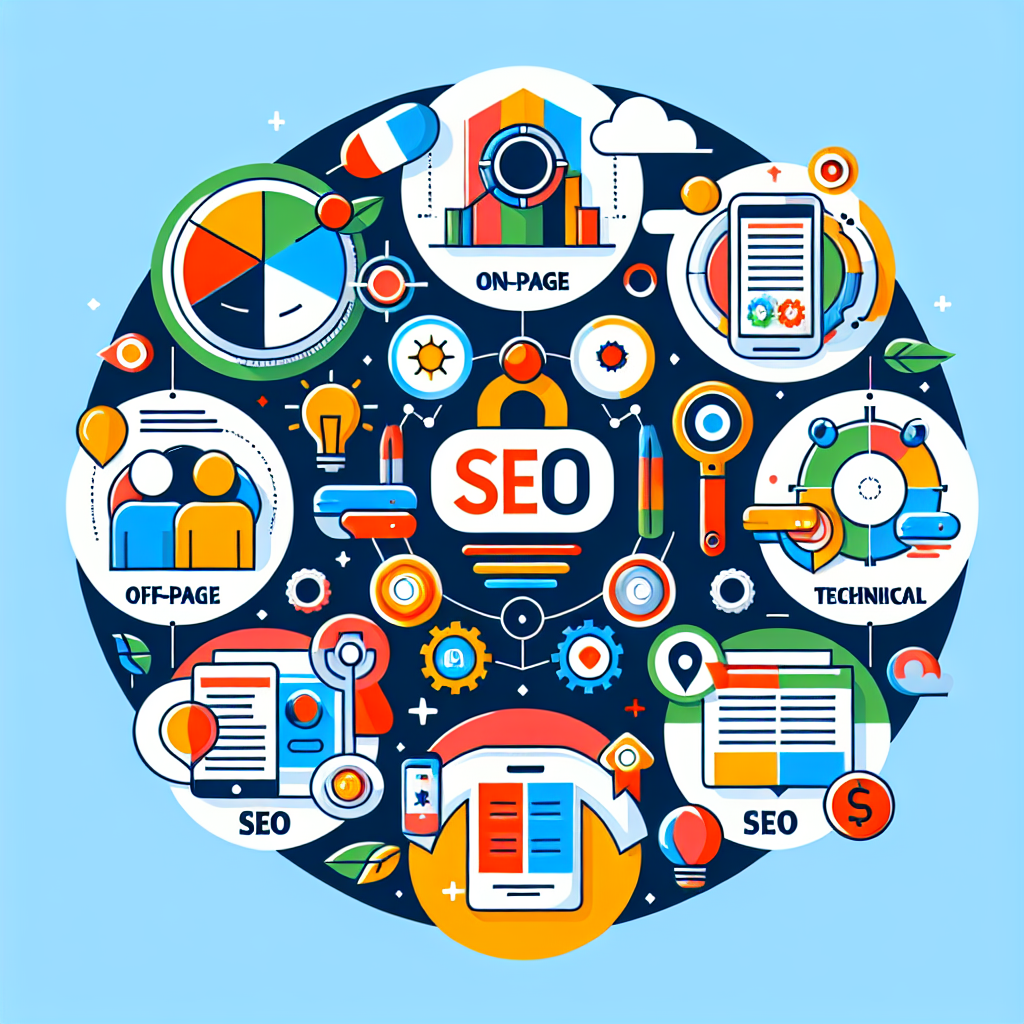 A colorful infographic showcasing various types of SEO services offered by agencies including On-page, Off-page, Technical SEO, and Local SEO with icons representing each type