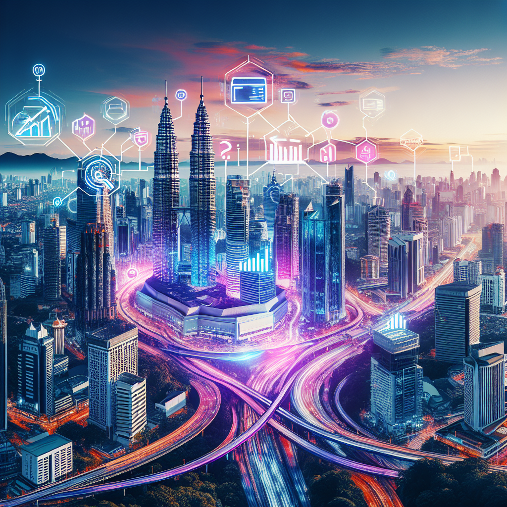 A vibrant cityscape of Kuala Lumpur with digital marketing elements overlayed, showcasing SEO concepts like keywords and analytics