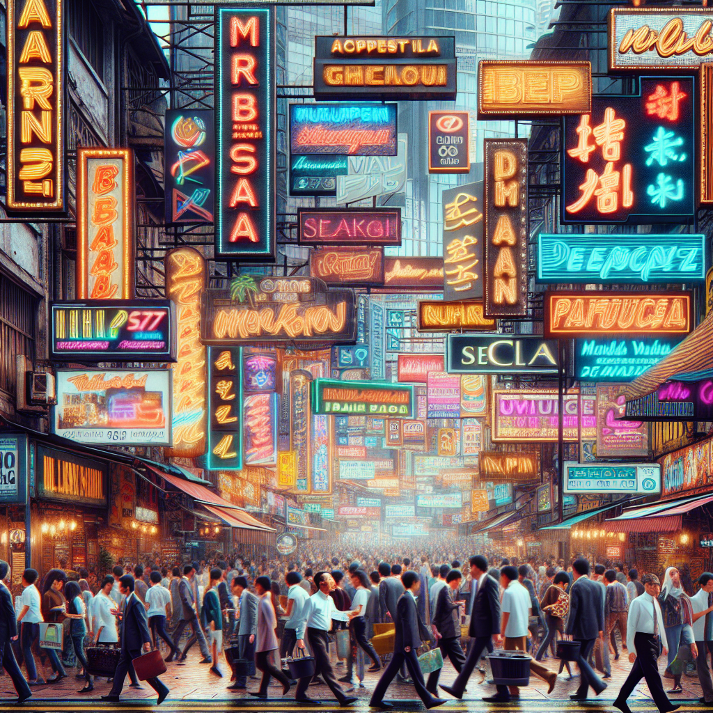 A vibrant street scene in Kuala Lumpur showcasing various businesses with neon signs and busy pedestrians