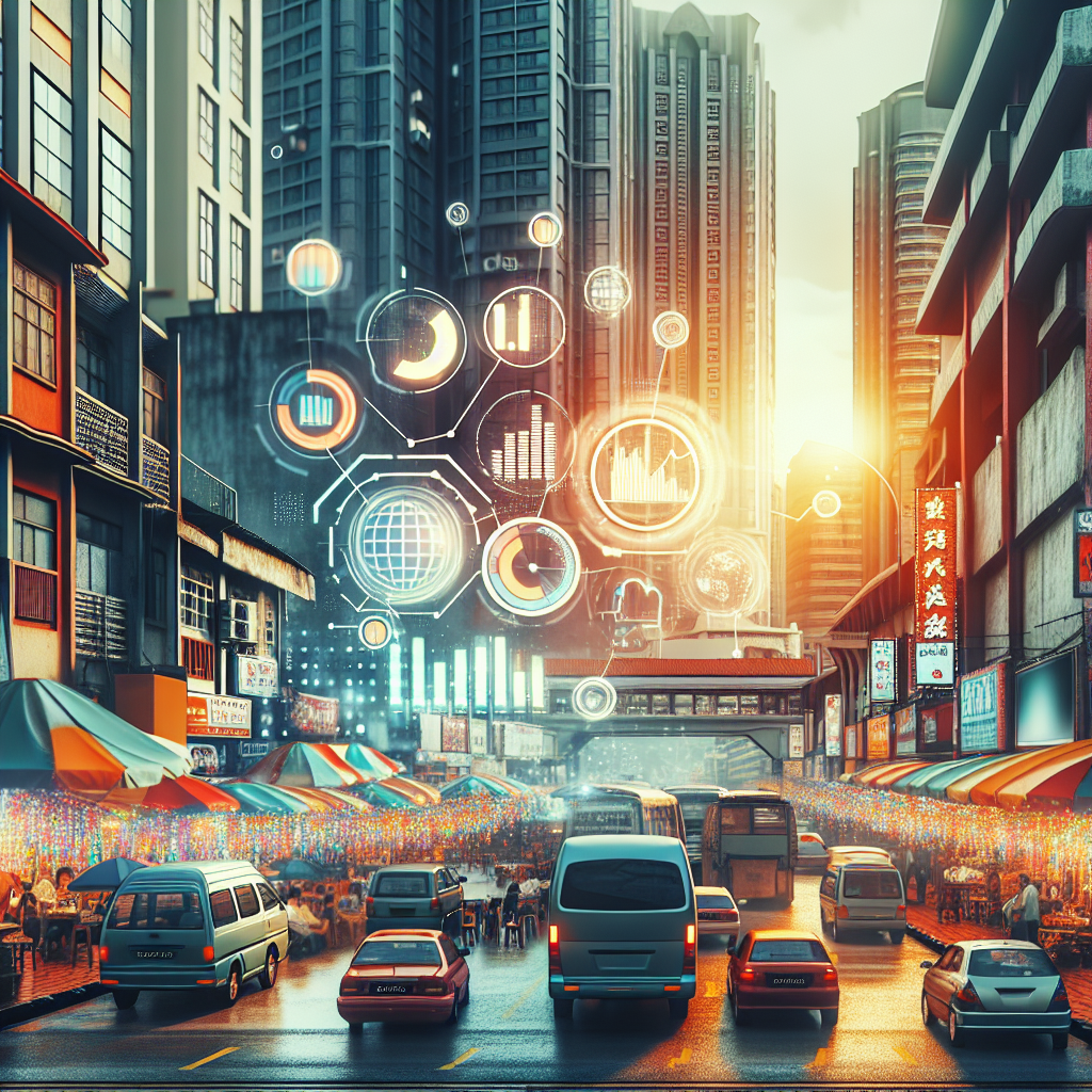 A vibrant street view of Kuala Lumpur showcasing local businesses with digital marketing elements like graphs and analytics overlay