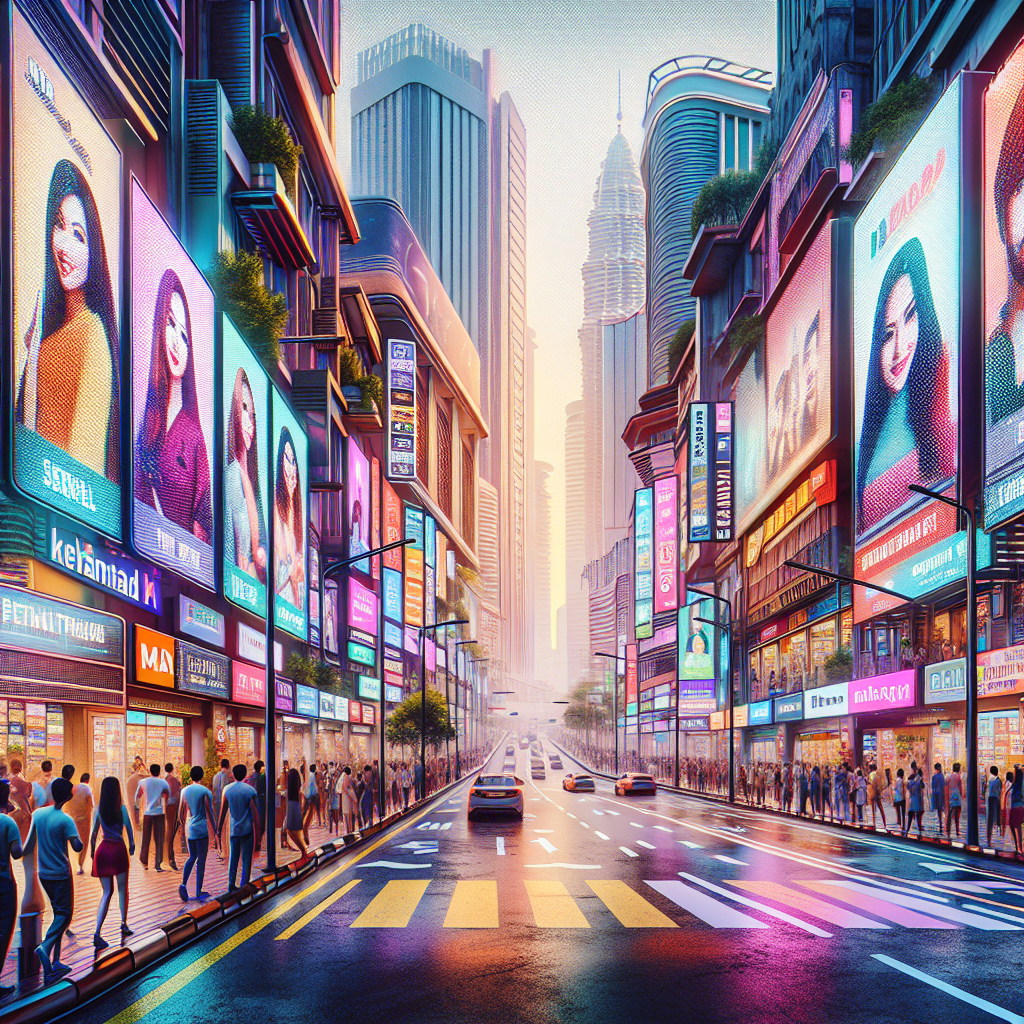 A vibrant street view of Kuala Lumpur with shops showcasing their Google My Business profiles on screens