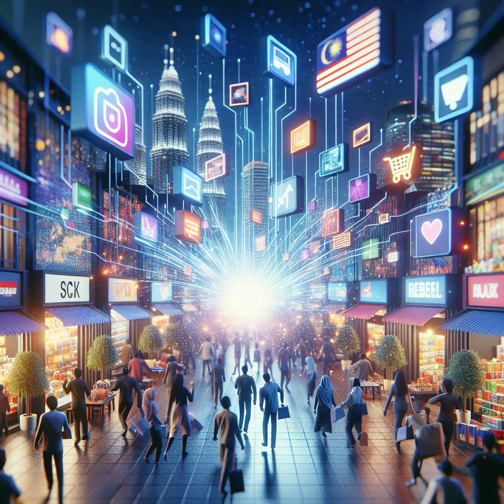 A vibrant digital marketplace representing Malaysian e-commerce, showcasing various products and an engaging atmosphere