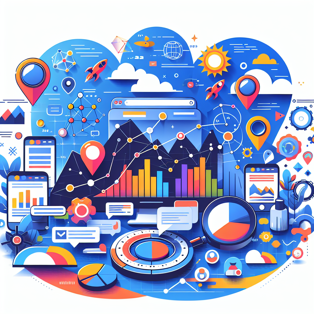 A vibrant illustration representing Malaysian digital marketing landscape with elements like search engines, websites, and analytics