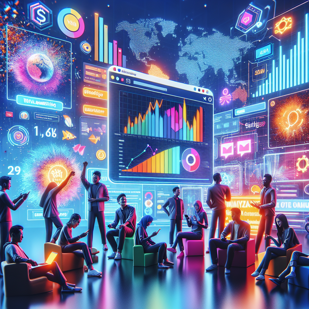 A vibrant digital marketing scene showcasing Malaysian e-commerce websites with colorful graphics and analytics data