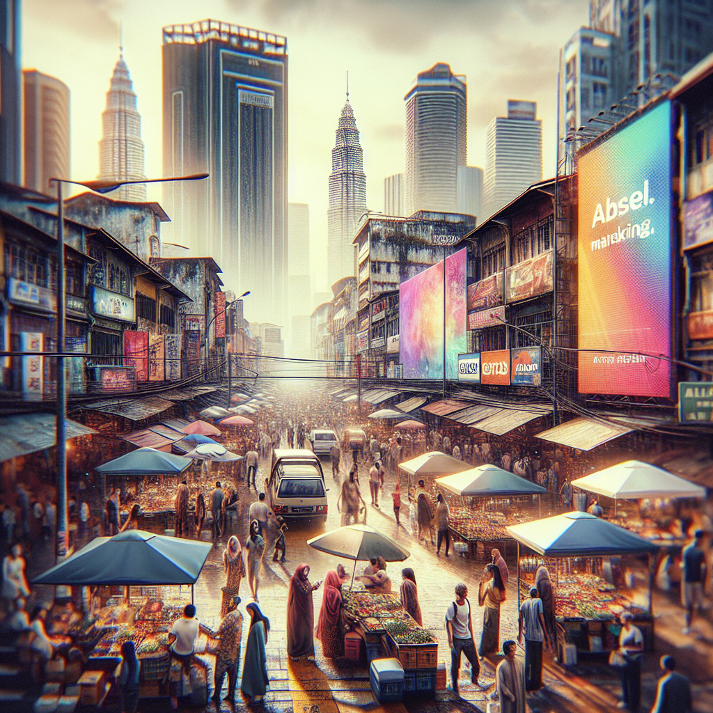A vibrant street market scene in Kuala Lumpur showcasing digital marketing billboards