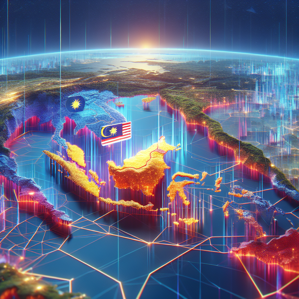 A vibrant digital landscape showcasing various SEO tools like Google Keyword Planner and SEMrush, with a map overlay symbolizing Malaysia.