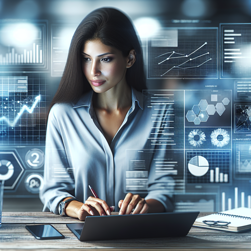 A person analyzing data on a laptop while surrounded by charts and graphs representing digital marketing strategies