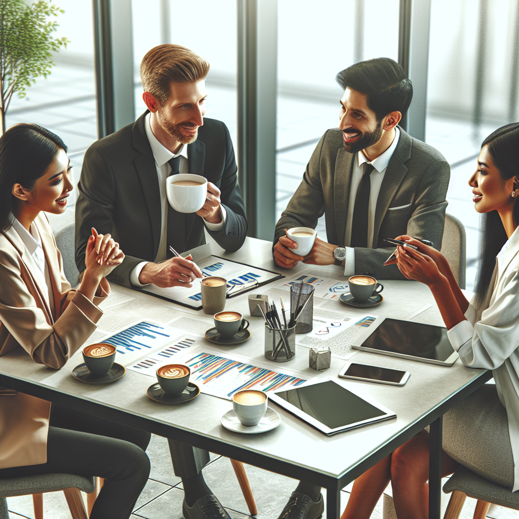 A friendly business meeting between SEO consultants discussing strategies over coffee