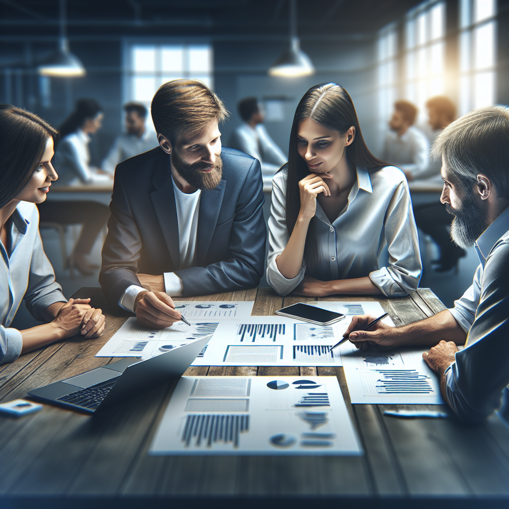 A friendly team meeting between a client and an SEO agency discussing reports with charts and graphs