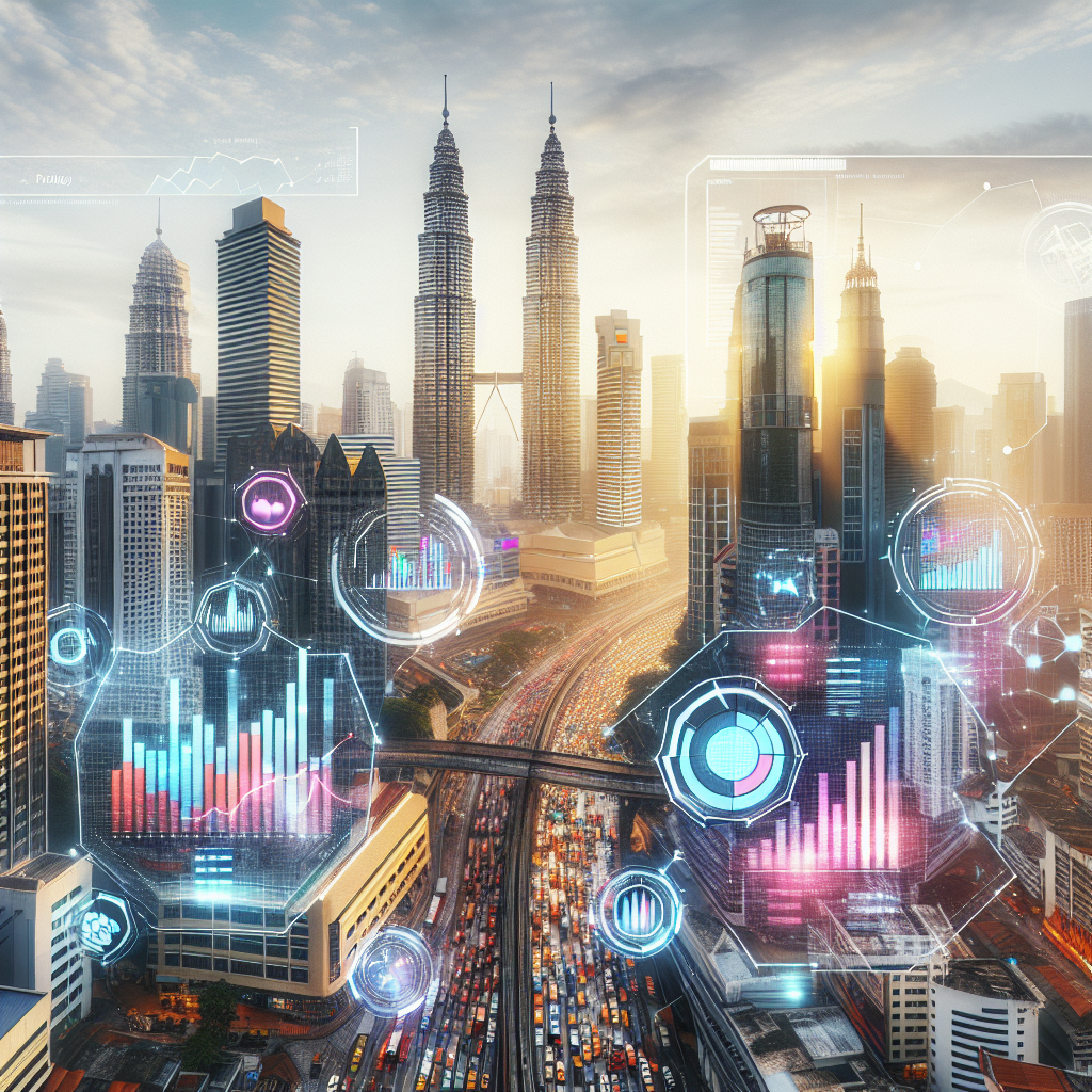 A vibrant cityscape of Kuala Lumpur with digital marketing elements like graphs and charts overlayed