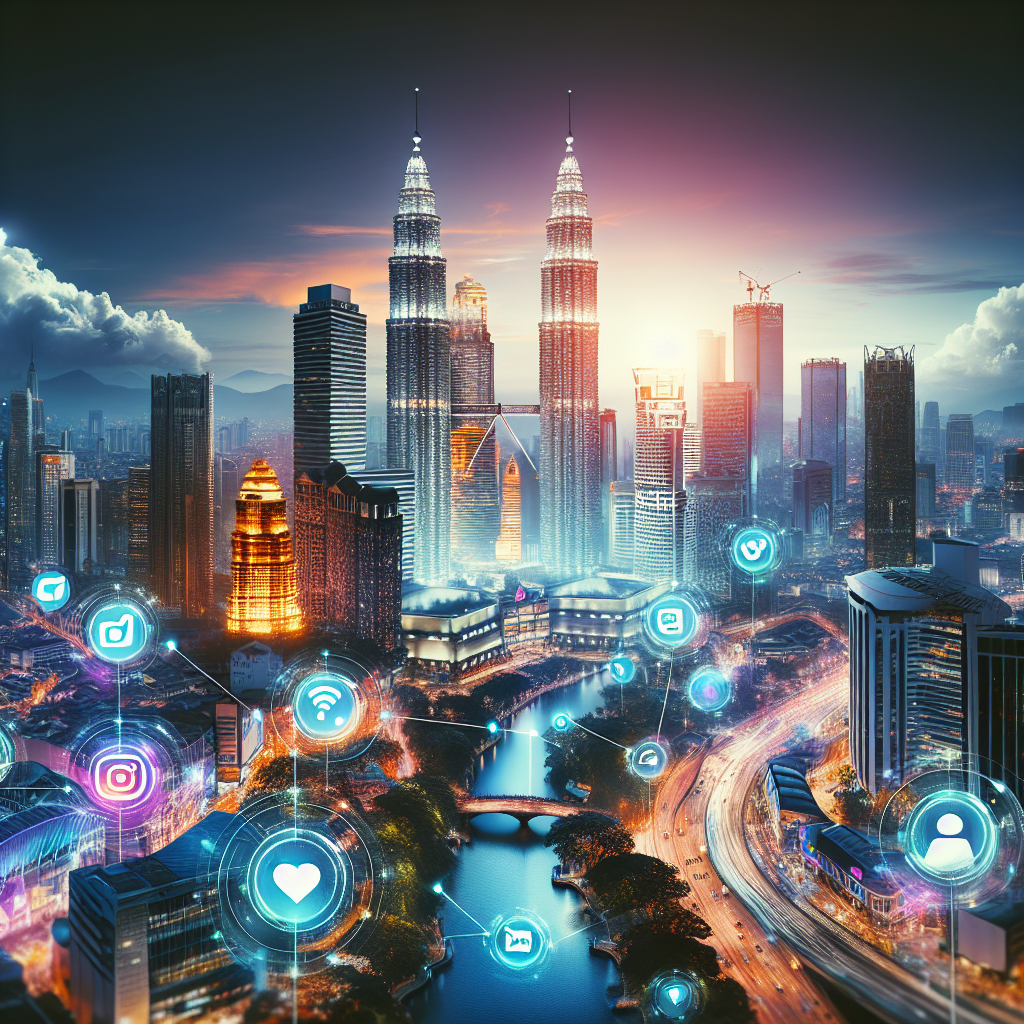 A vibrant cityscape of Kuala Lumpur showcasing digital marketing elements like social media icons, search engine logos, and local landmarks