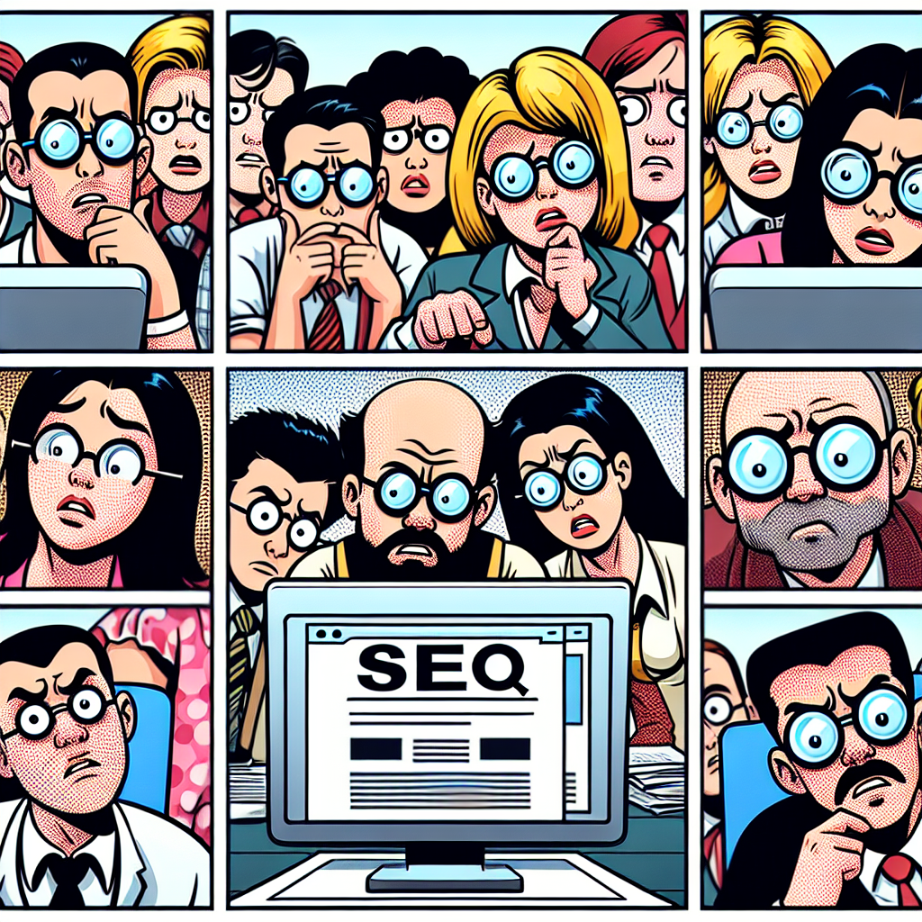 A humorous cartoon depicting common SEO mistakes with characters looking confused at a computer screen