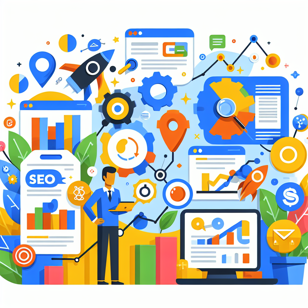 A vibrant graphic illustrating an integrated SEO strategy with elements like PPC ads, link building visuals, and analytics charts