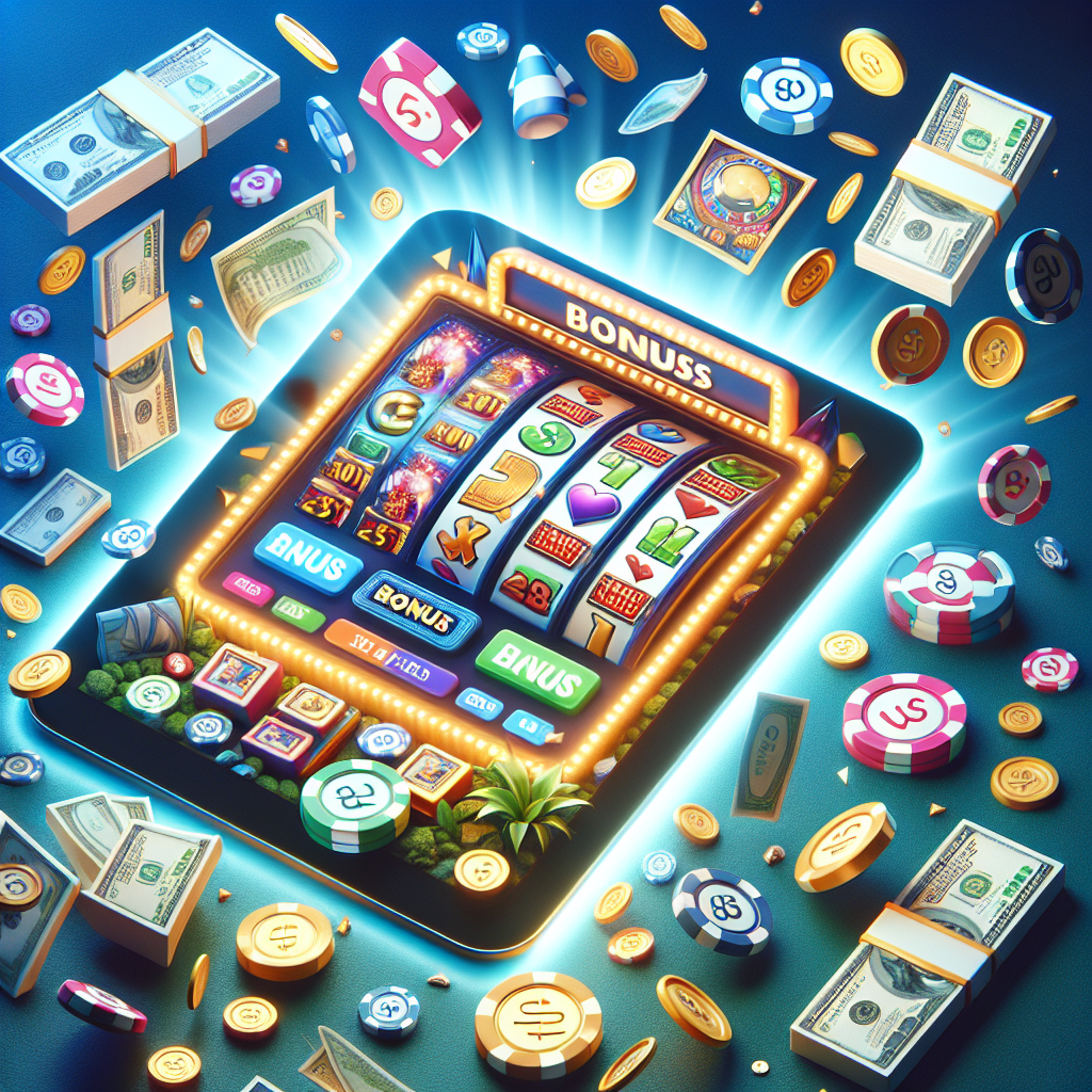 A vibrant illustration showing various online casino games with bonus symbols and cash rewards