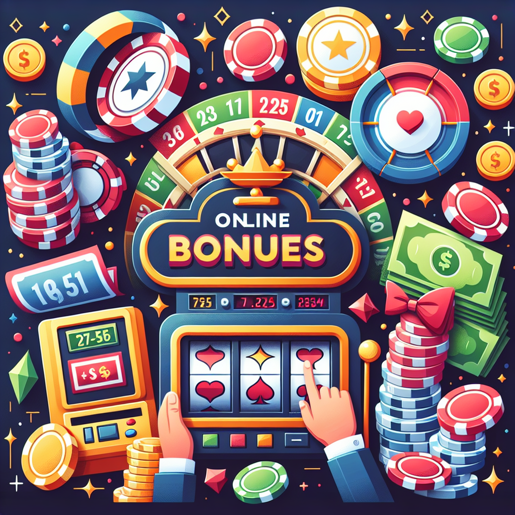 A colorful graphic showing different types of online casino bonuses with illustrations of slot machines and poker chips