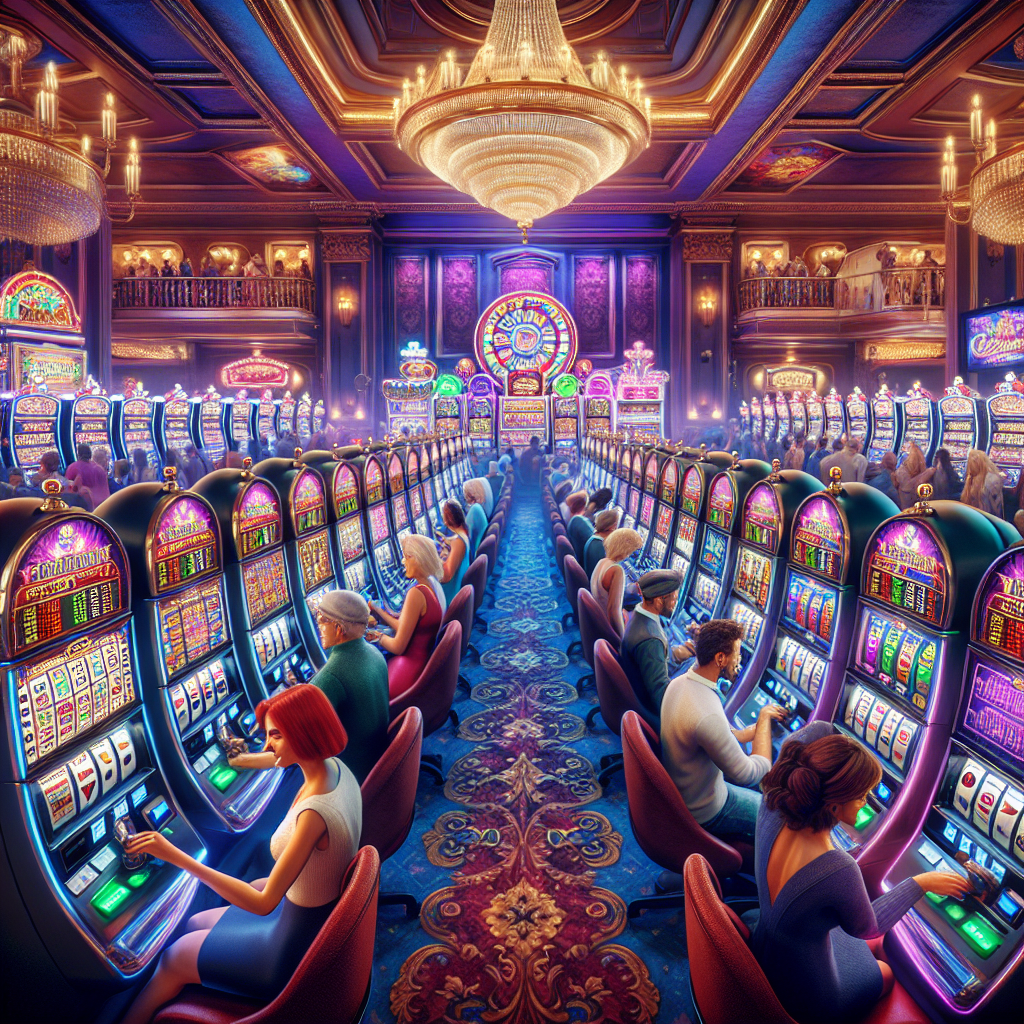 A vibrant online casino scene featuring slot machines and players enjoying free spins