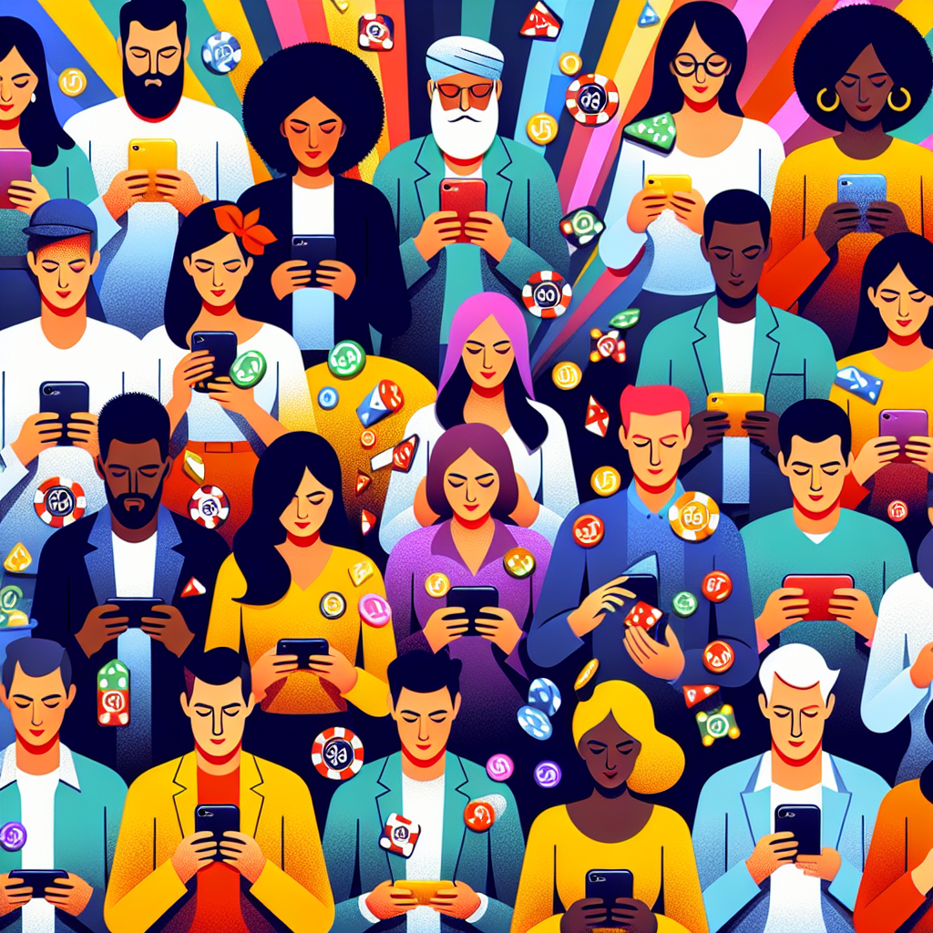 A vibrant illustration showcasing people enjoying mobile casino games on various devices with colorful graphics representing no deposit bonuses