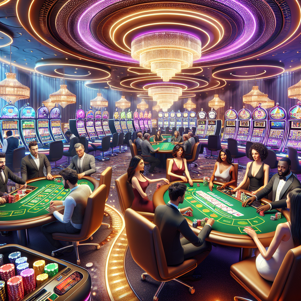 A vibrant online casino scene showcasing various gaming tables, a live dealer interacting with players, and colorful slot machines in a virtual environment