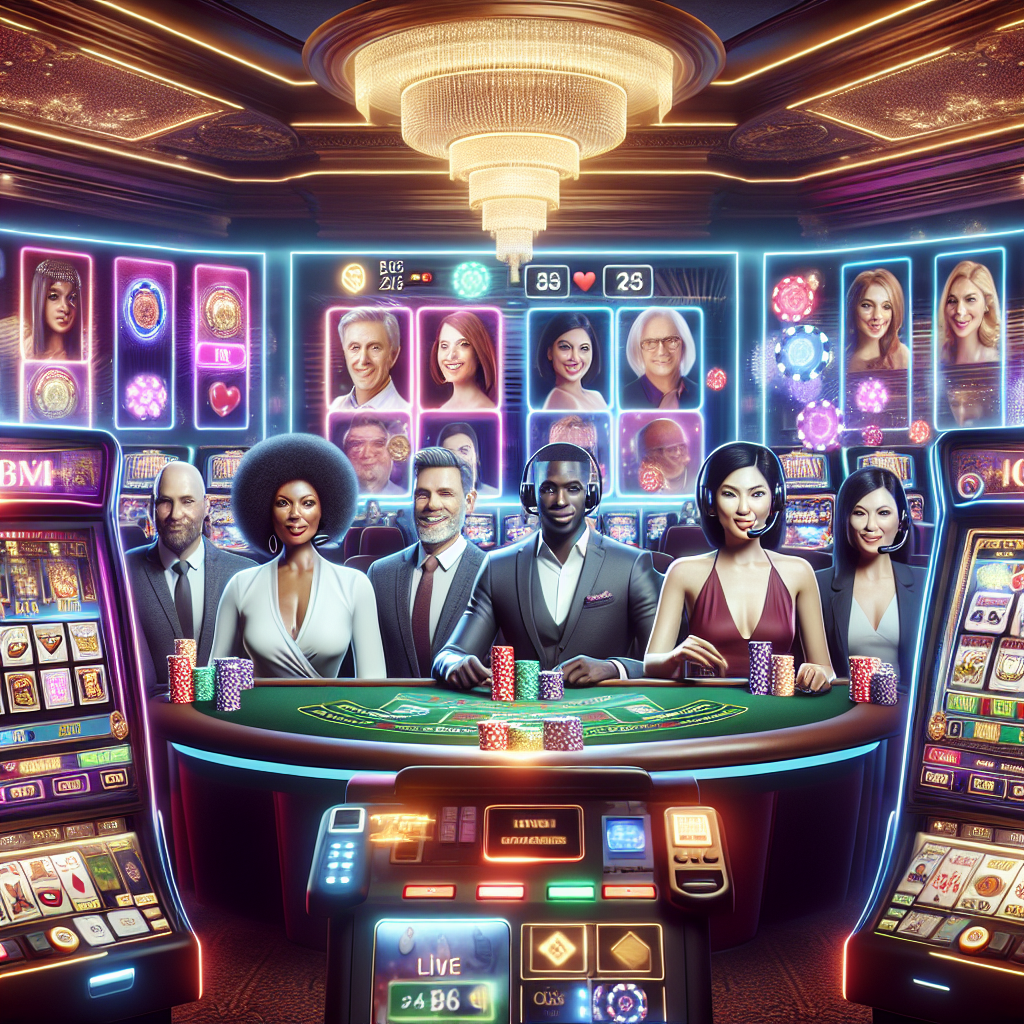 A vibrant online casino scene showcasing live dealers, slot machines, and various card games, with an inviting atmosphere