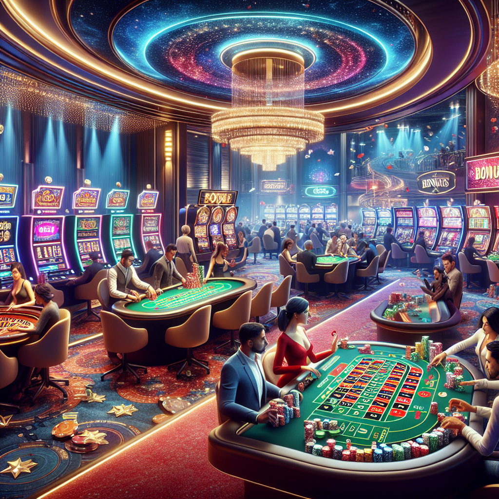 A vibrant online casino scene with players enjoying various games, showcasing bonuses and promotions