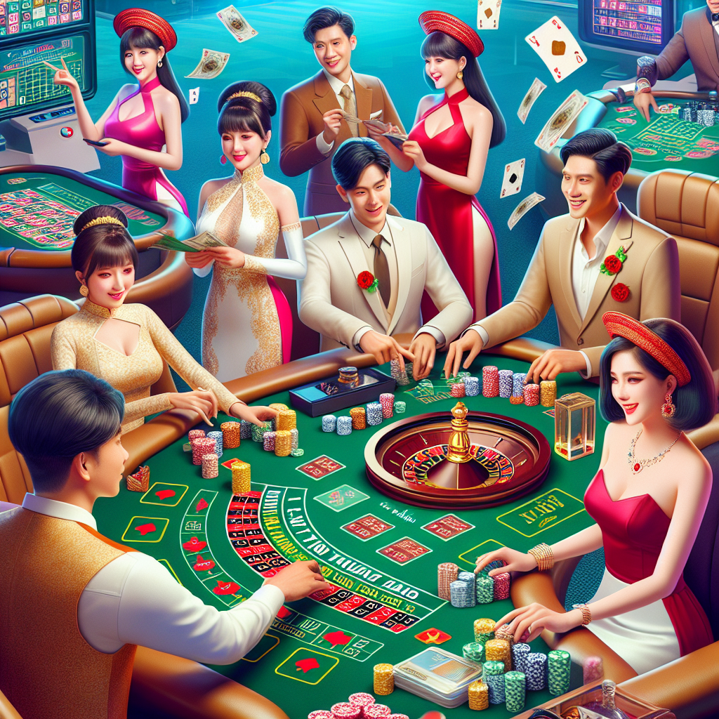 A vibrant and engaging online casino scene featuring Vietnamese players enjoying various games like baccarat and roulette, showcasing excitement and fun atmosphere