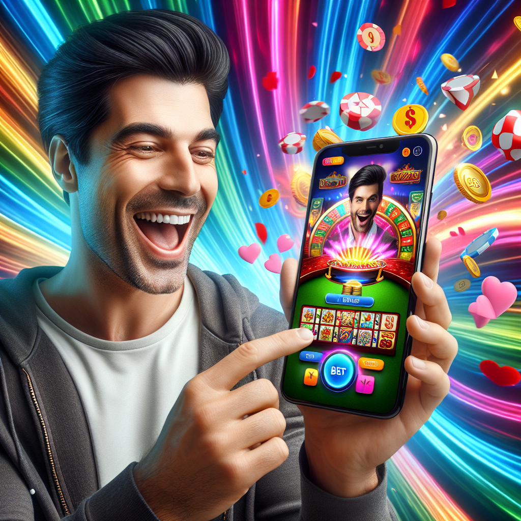 A smartphone displaying the GOD55 app with vibrant casino games, a user happily engaging with the app, colorful graphics in the background