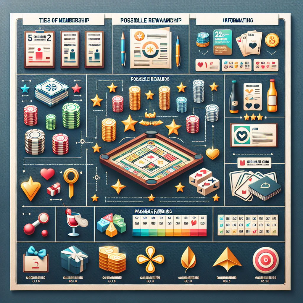 A visually engaging graphic depicting various aspects of casino loyalty programs including tiers, rewards, and redeemable benefits in an attractive layout.