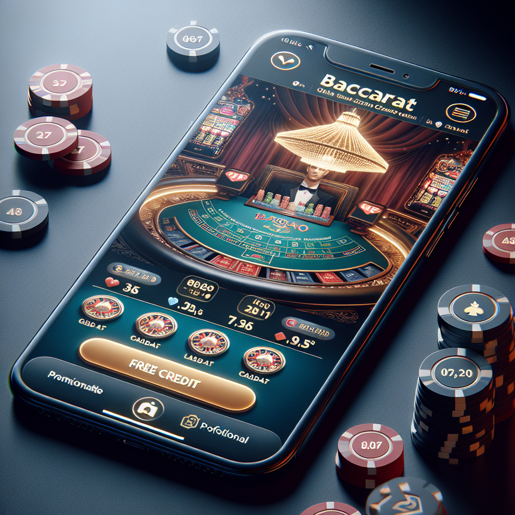A smartphone displaying an engaging interface of an online casino app featuring baccarat games and promotional banners for free credit offers.
