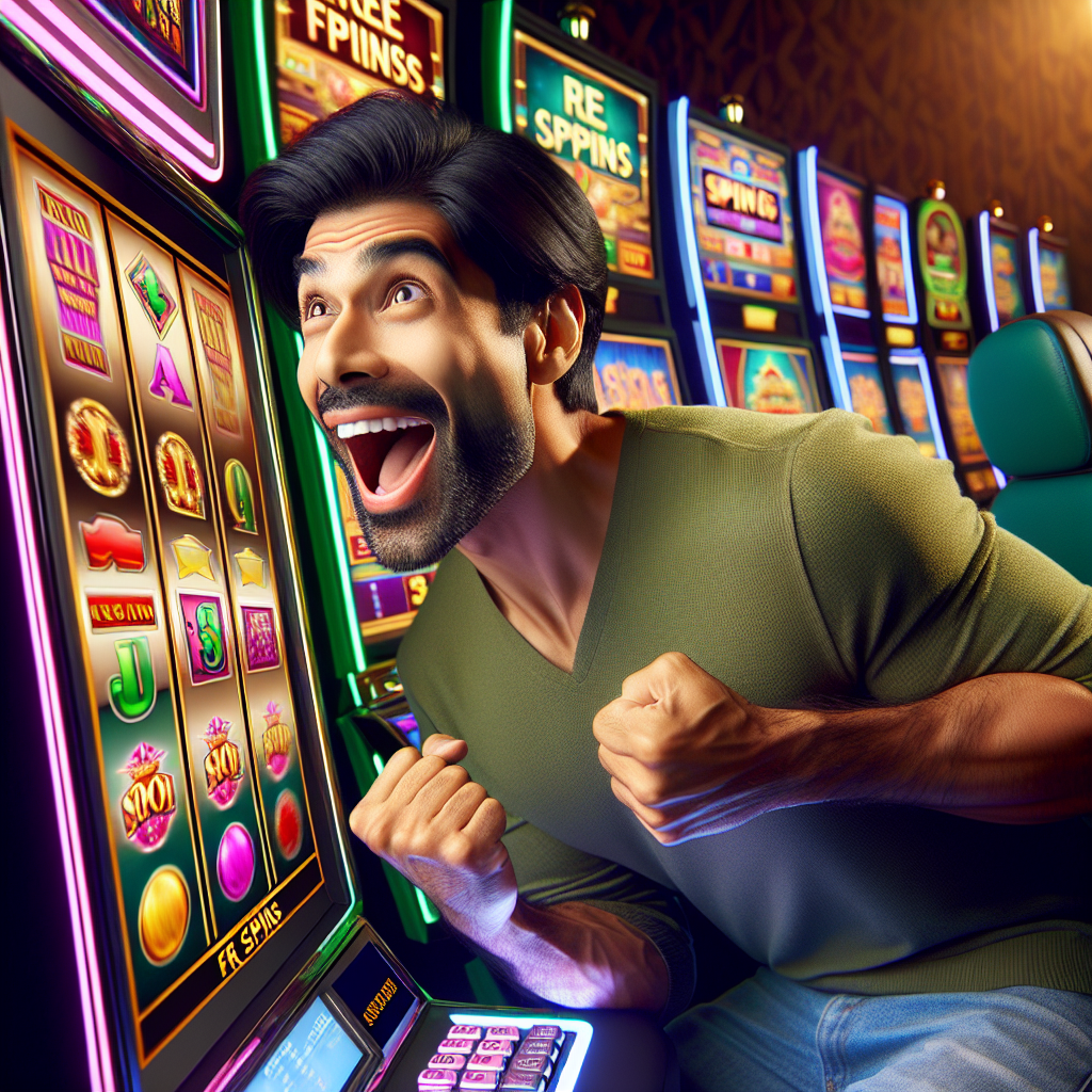 A vibrant illustration showing a player enjoying free spins on various slot machines at an online casino platform.